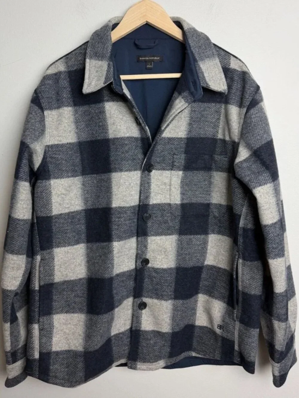 Banana Republic Buffalo Plaid Shirt Jacket Navy Gray Lined Shacket Size Large